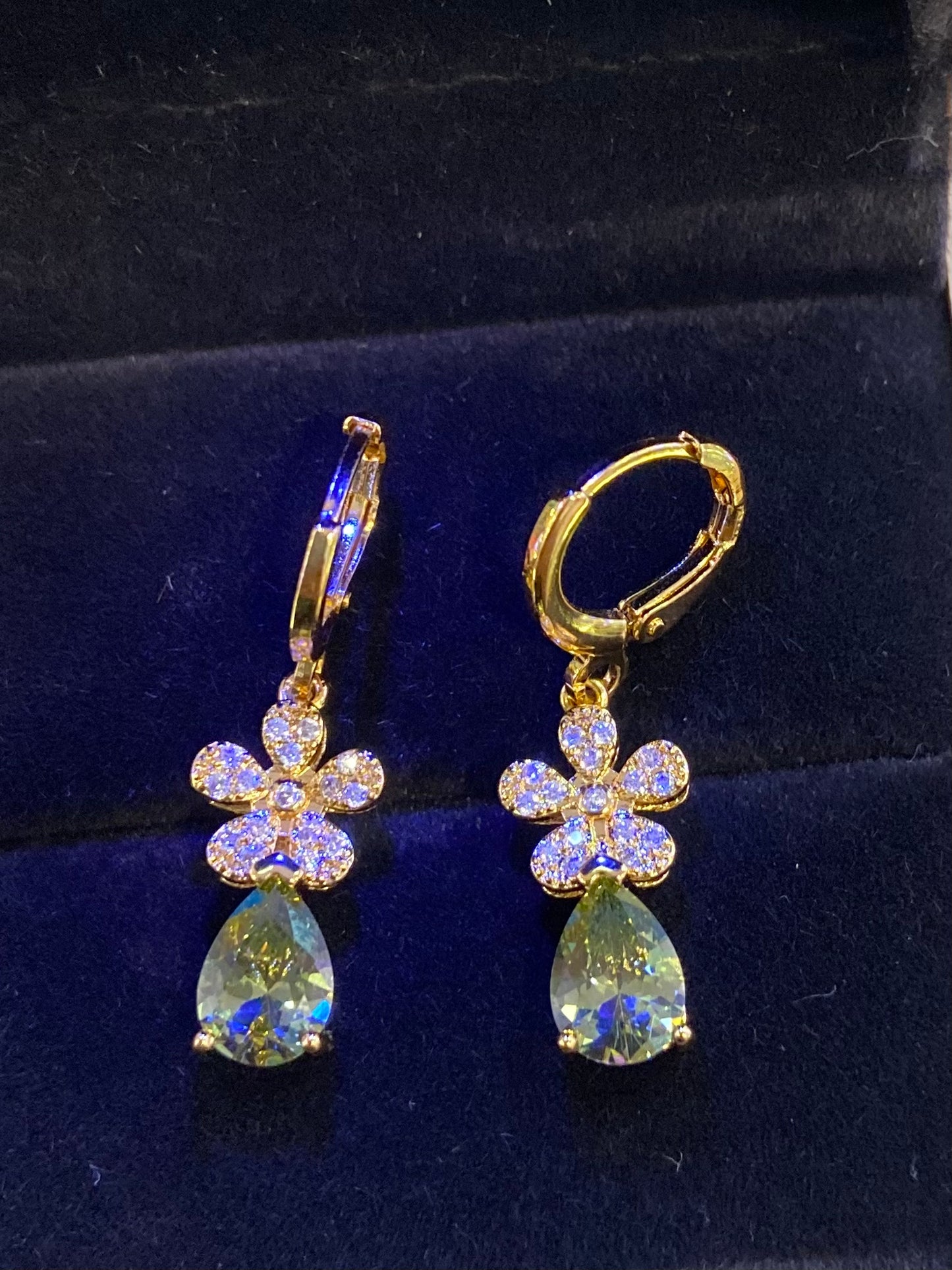 Green cz floral huggie earring