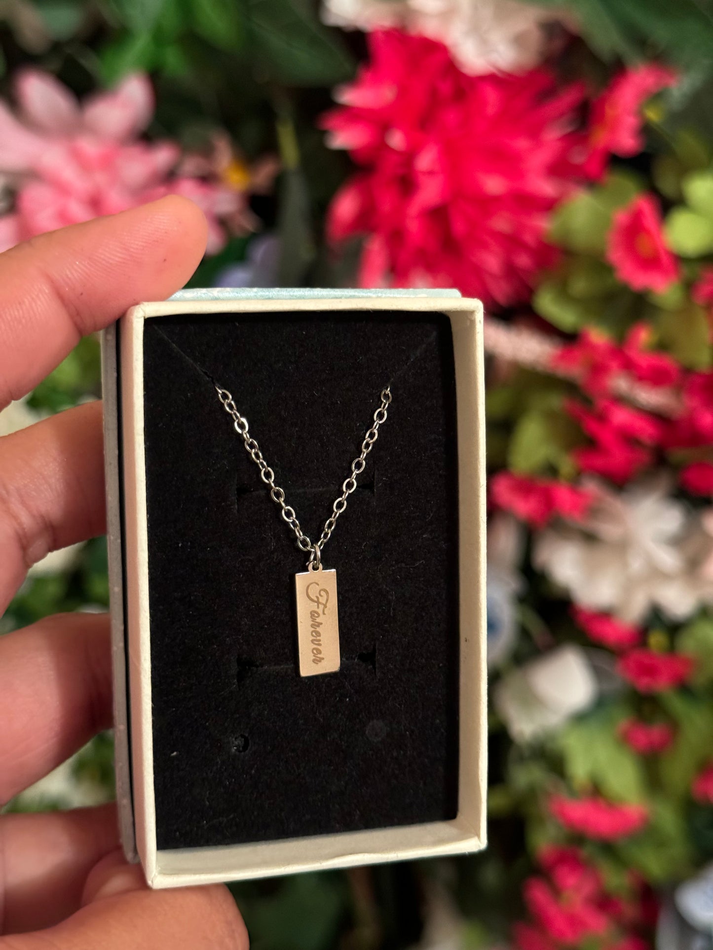 Mini silver stainless steel rectangle engrave necklace