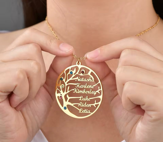 custom engrave tree name necklace with birthstones