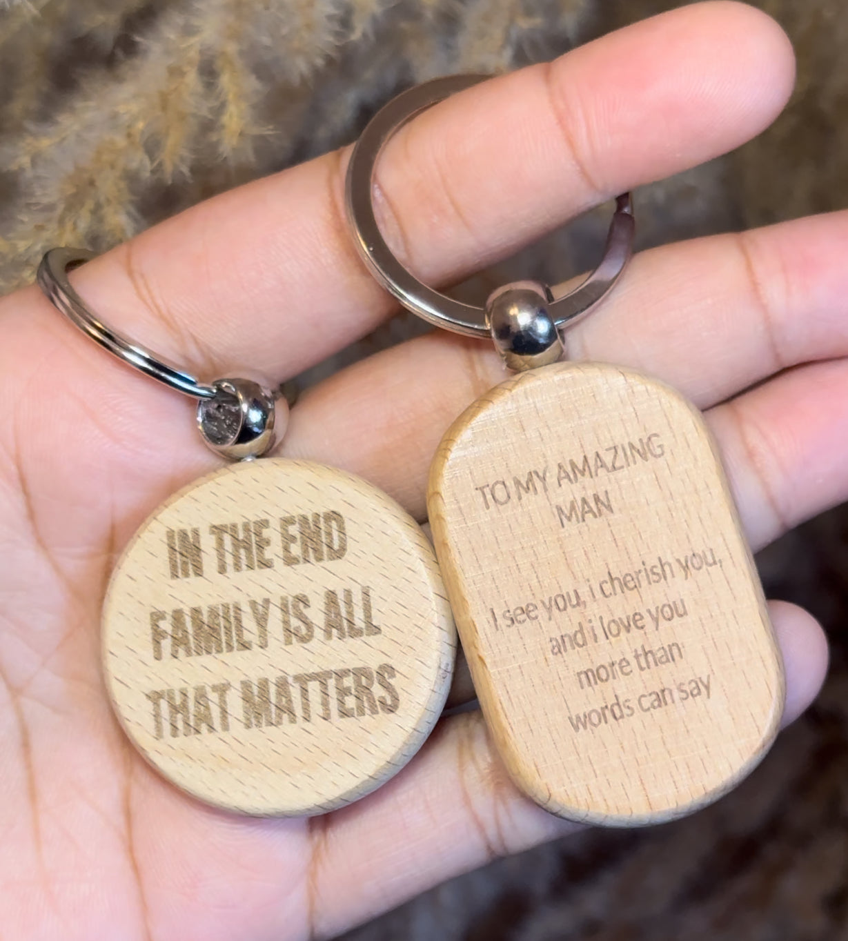 Custom engraved wooden keychain with picture + words
