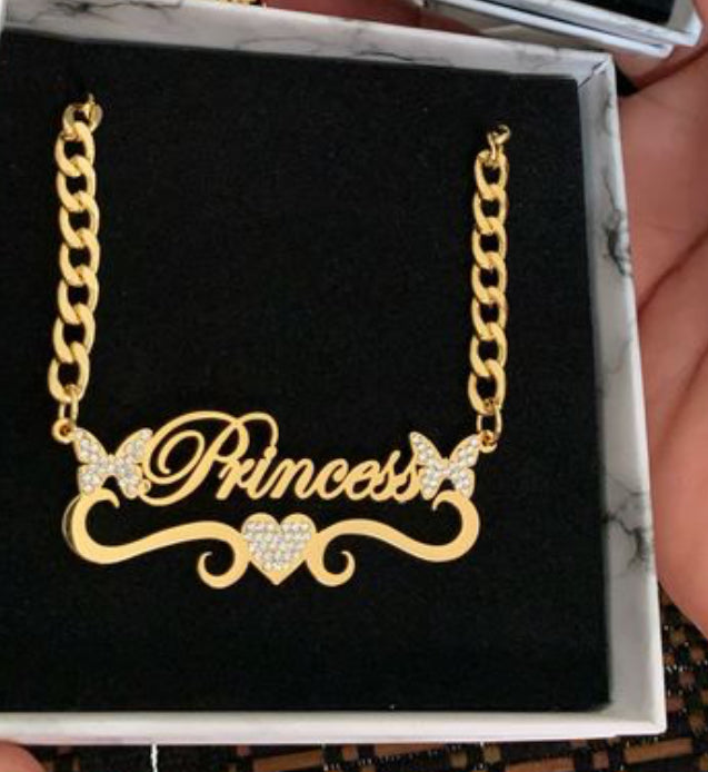 Cz butterfly Cuban name necklace