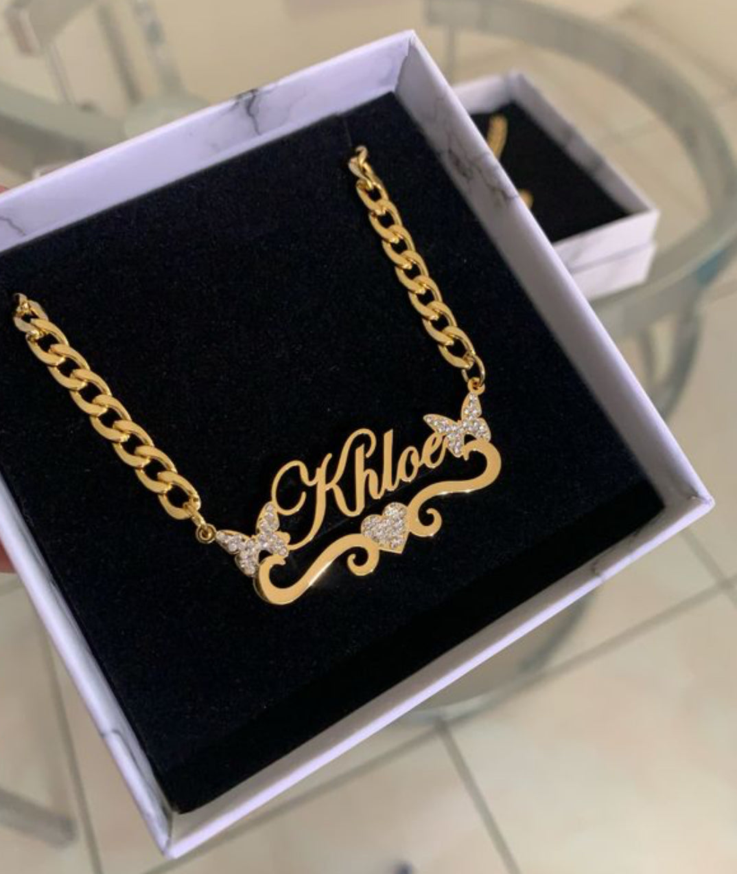 Cz butterfly Cuban name necklace