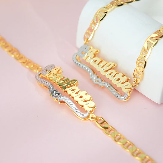 Double tone Gucci link 3d Stainless steel custom set name chain and bracelet