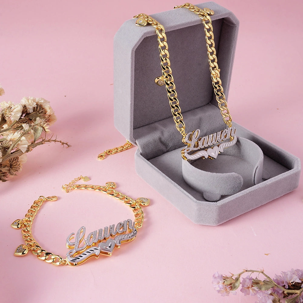 Double tone love 3d Stainless steel custom set name chain and bracelet
