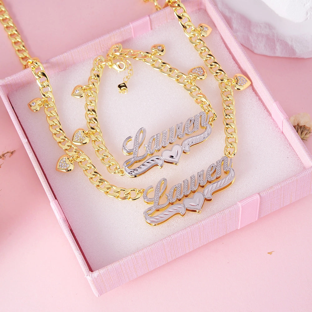 Double tone love 3d Stainless steel custom set name chain and bracelet