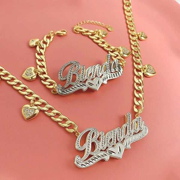 Double tone love 3d Stainless steel custom set name chain and bracelet