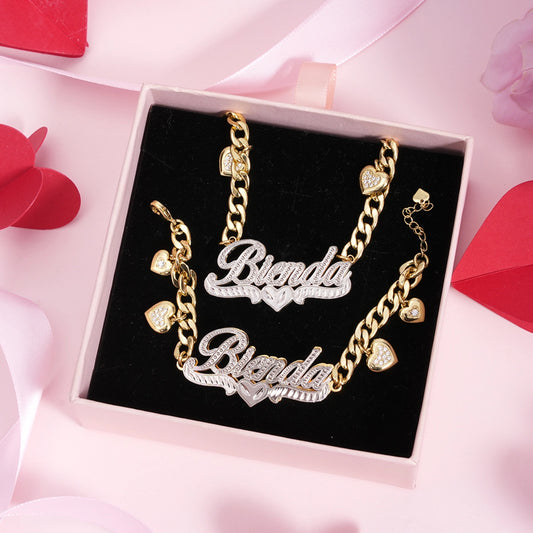 Double tone love 3d Stainless steel custom set name chain and bracelet