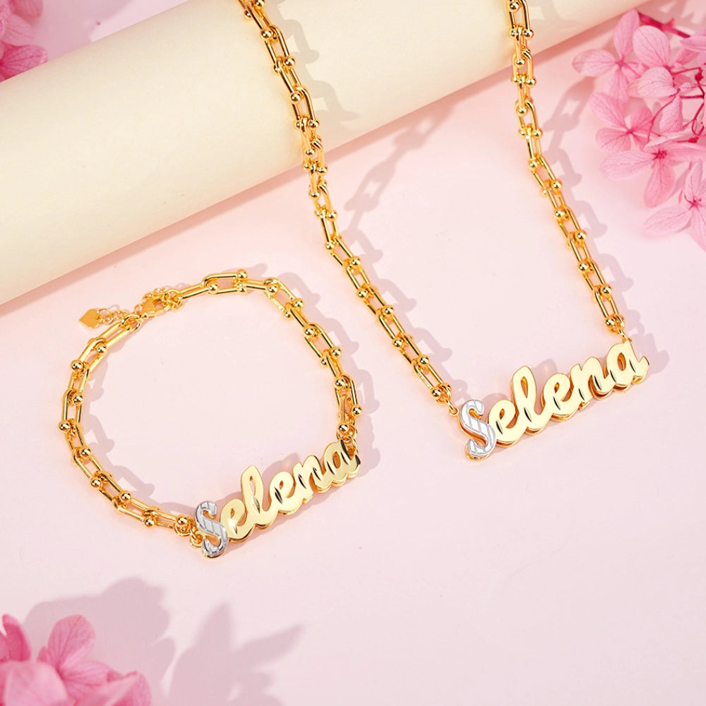 Double tone paper clip 3d Stainless steel custom set name chain and bracelet