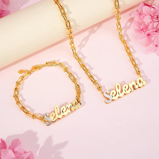 Double tone paper clip 3d Stainless steel custom set name chain and bracelet