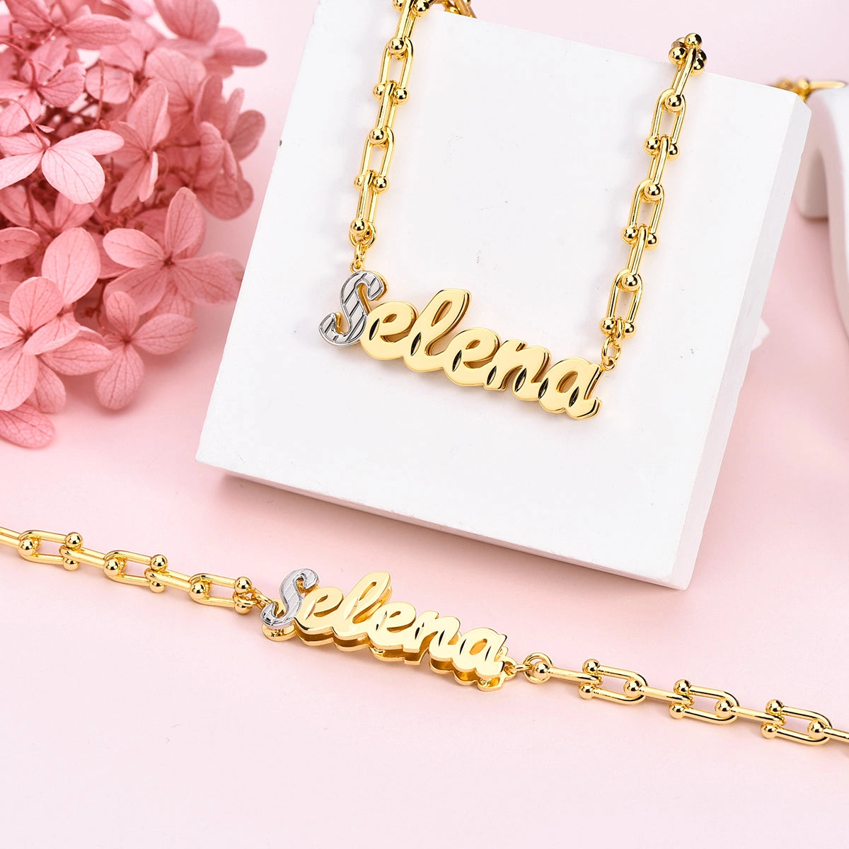 Double tone paper clip 3d Stainless steel custom set name chain and bracelet