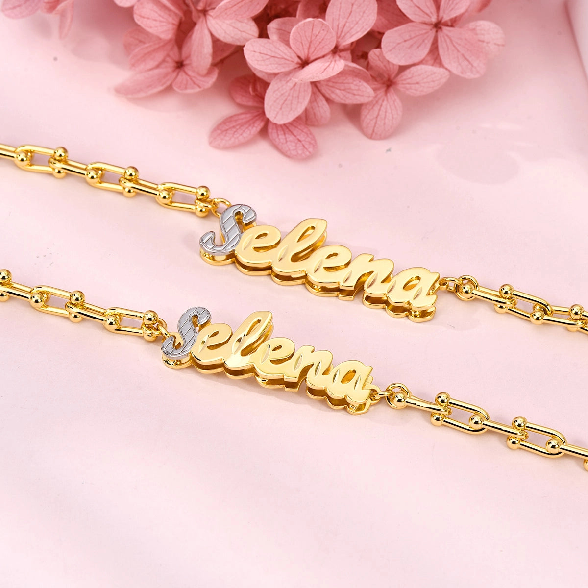 Double tone paper clip 3d Stainless steel custom set name chain and bracelet
