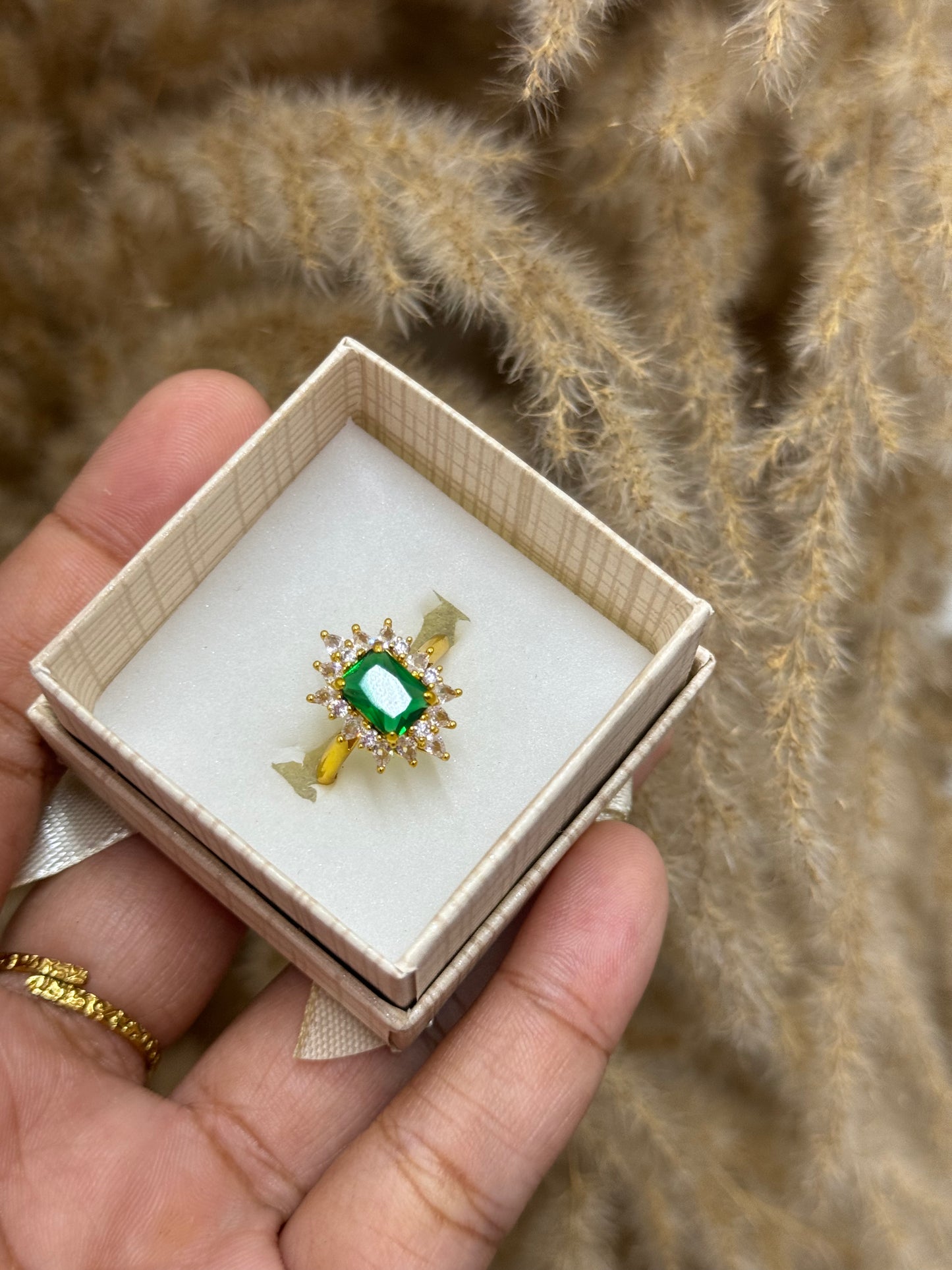 Gold plated adjustable emerald ring