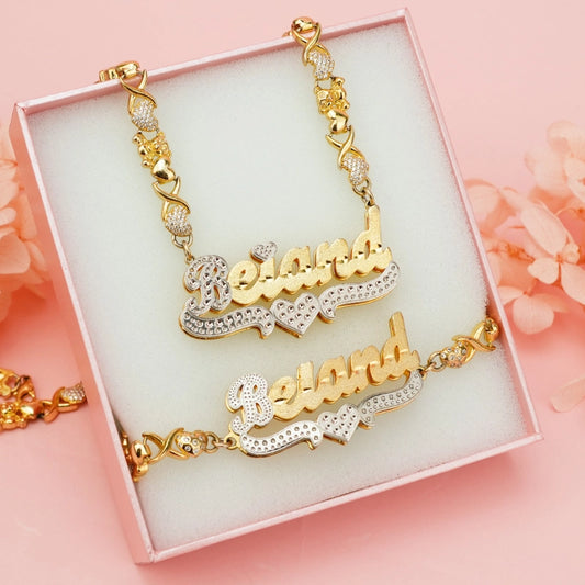 Double tone Teddy bear Stainless steel custom set name chain and bracelet