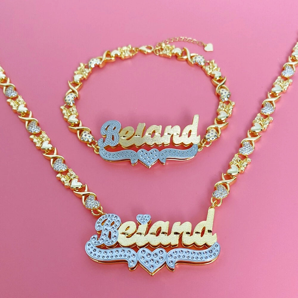 Double tone Teddy bear Stainless steel custom set name chain and bracelet