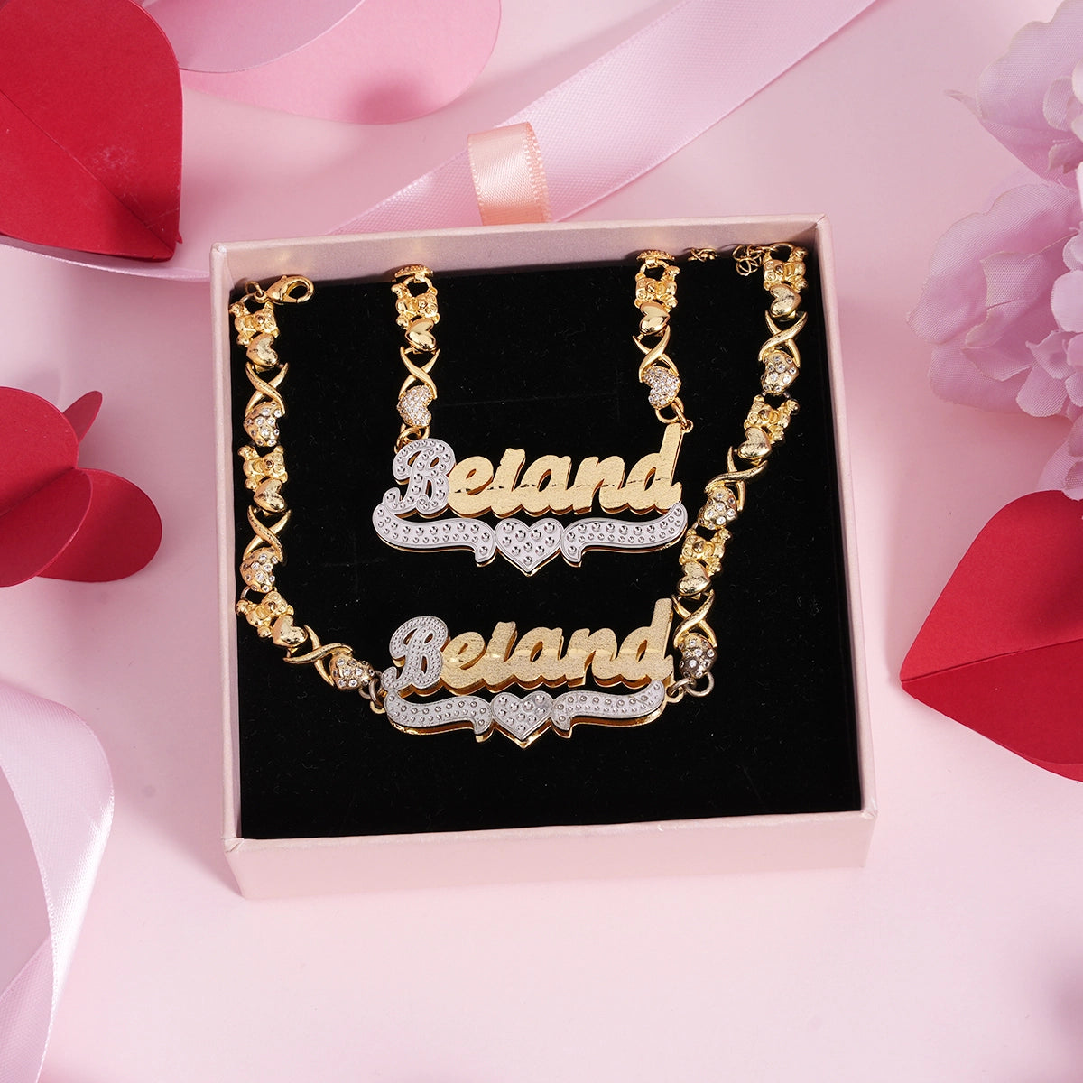 Double tone Teddy bear Stainless steel custom set name chain and bracelet