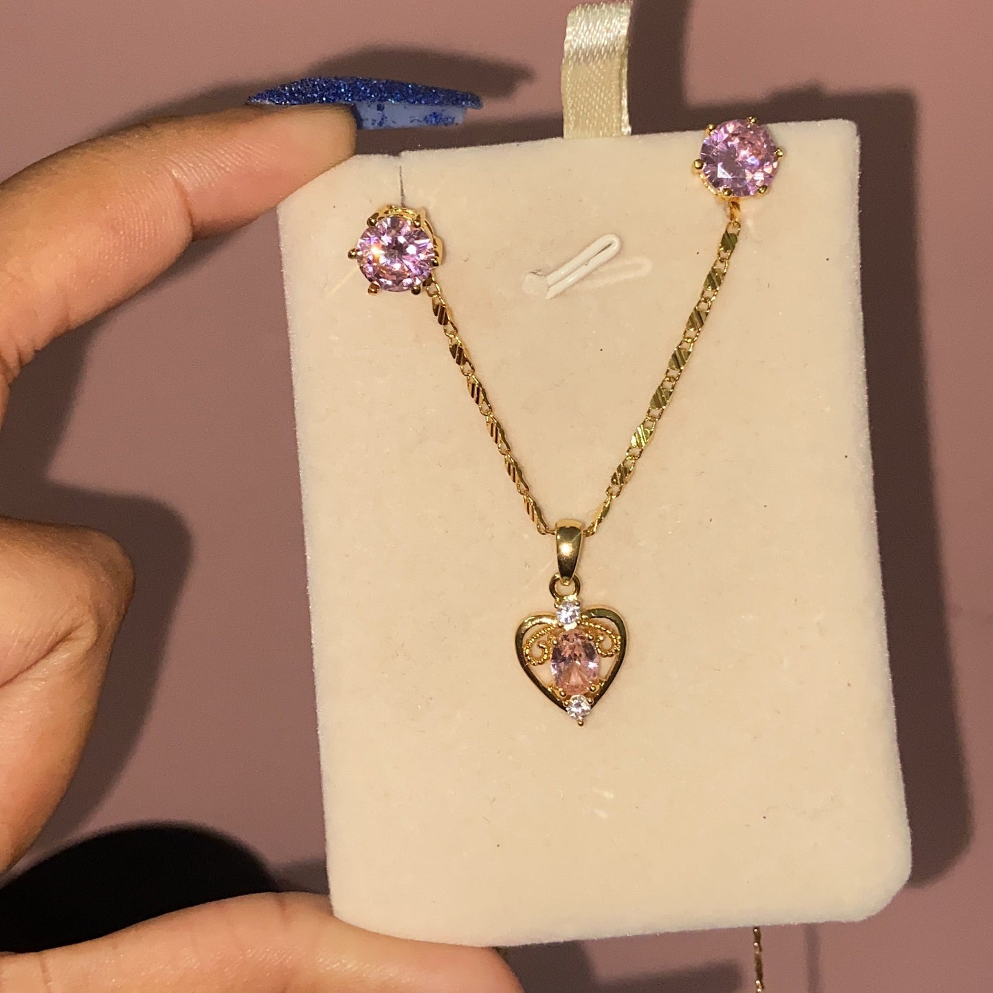 Pink cz set earring and necklace
