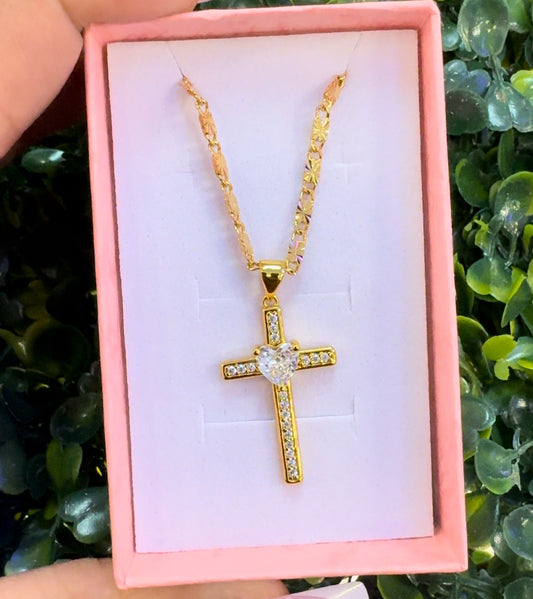 Gold plated Cz heart cross necklace