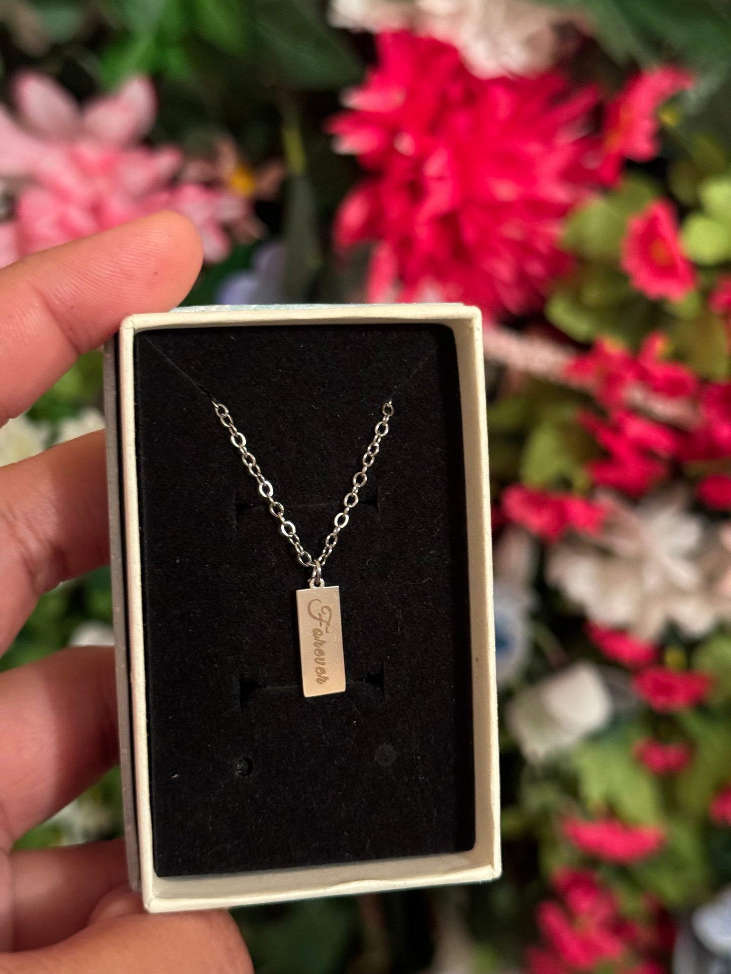 Mini silver stainless steel rectangle engrave necklace