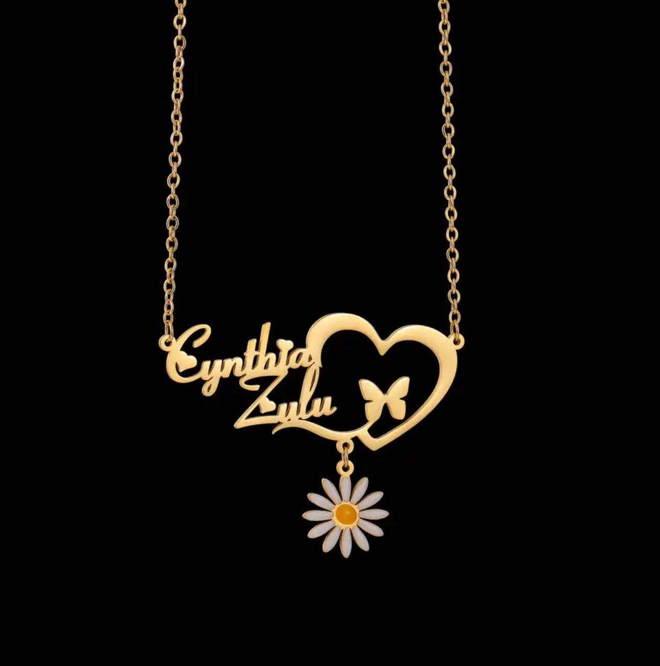 Personalized stainless steel daisy heart name necklace