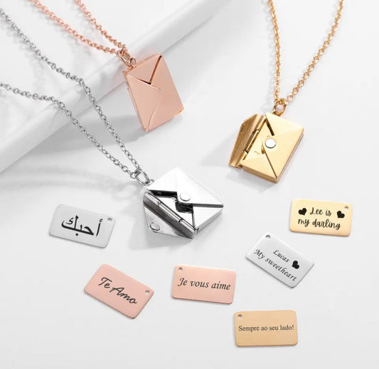 Engraved special message envelope necklace  stainless steel