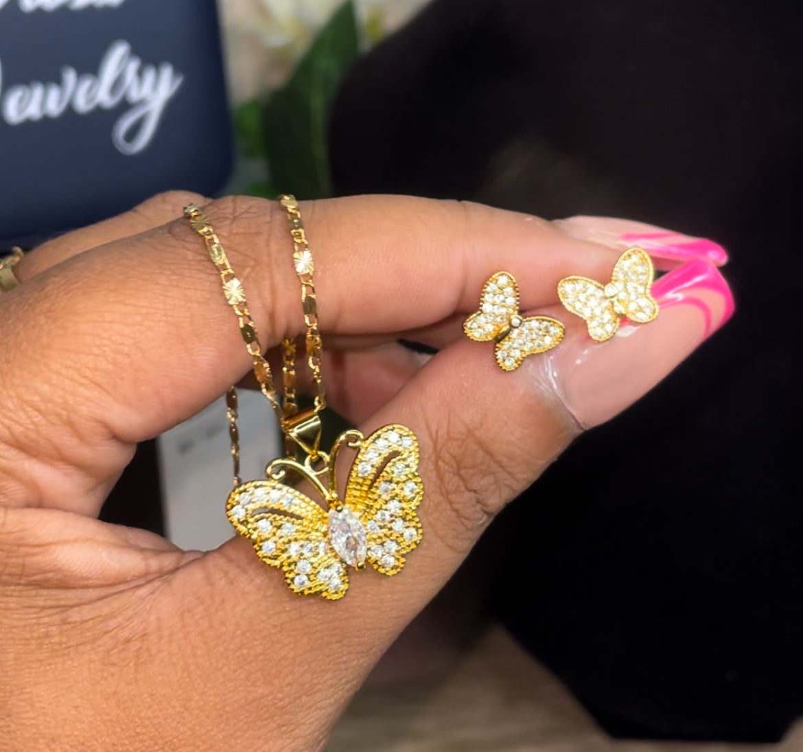 Gold plated cz butterfly set