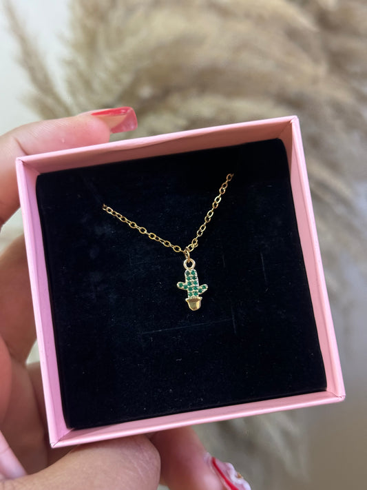 Cz cactus stainless steel necklace