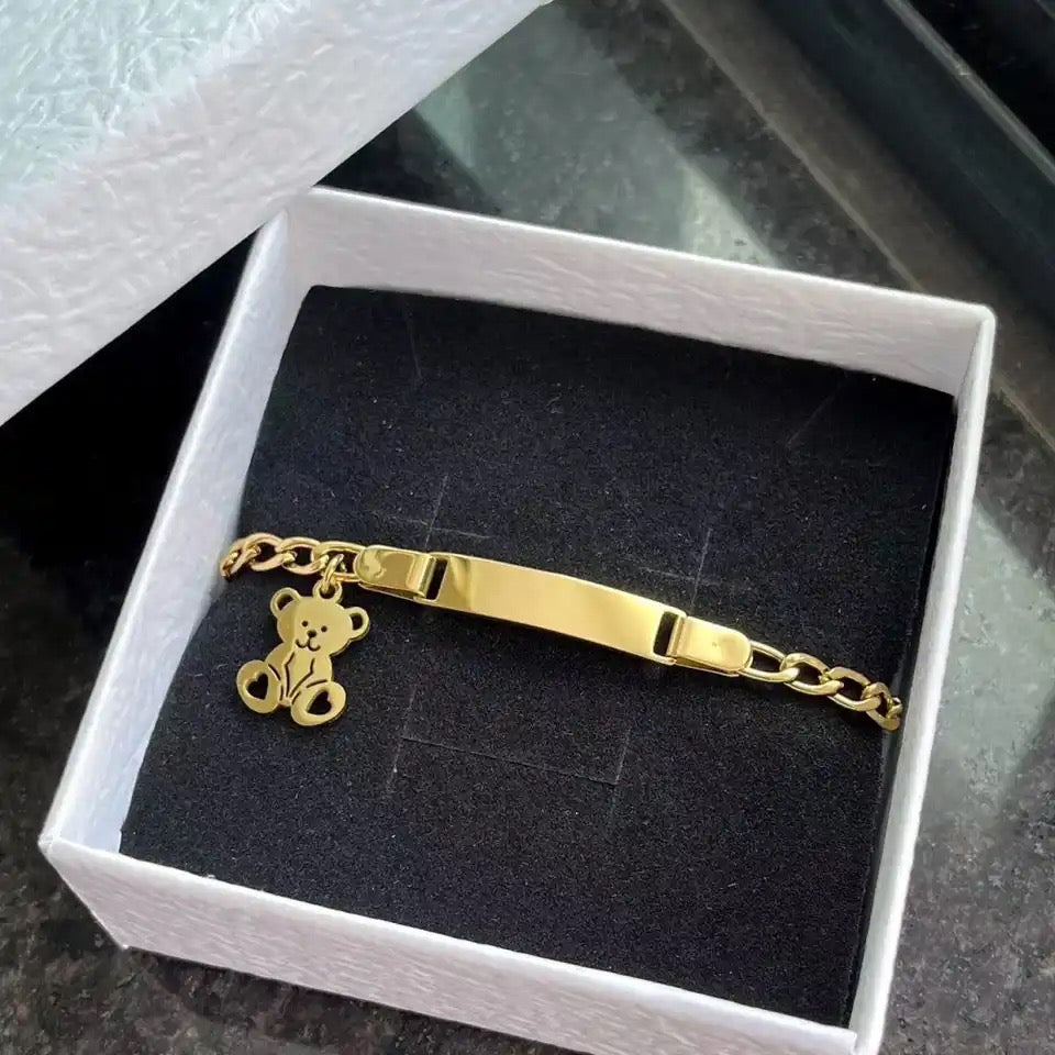 Gold plated stainless steel teddy bear engraved bracelet