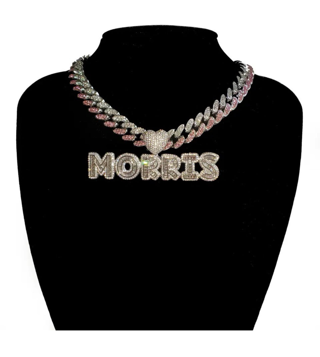 Icy pink and silver baguette Cuban link custom necklace