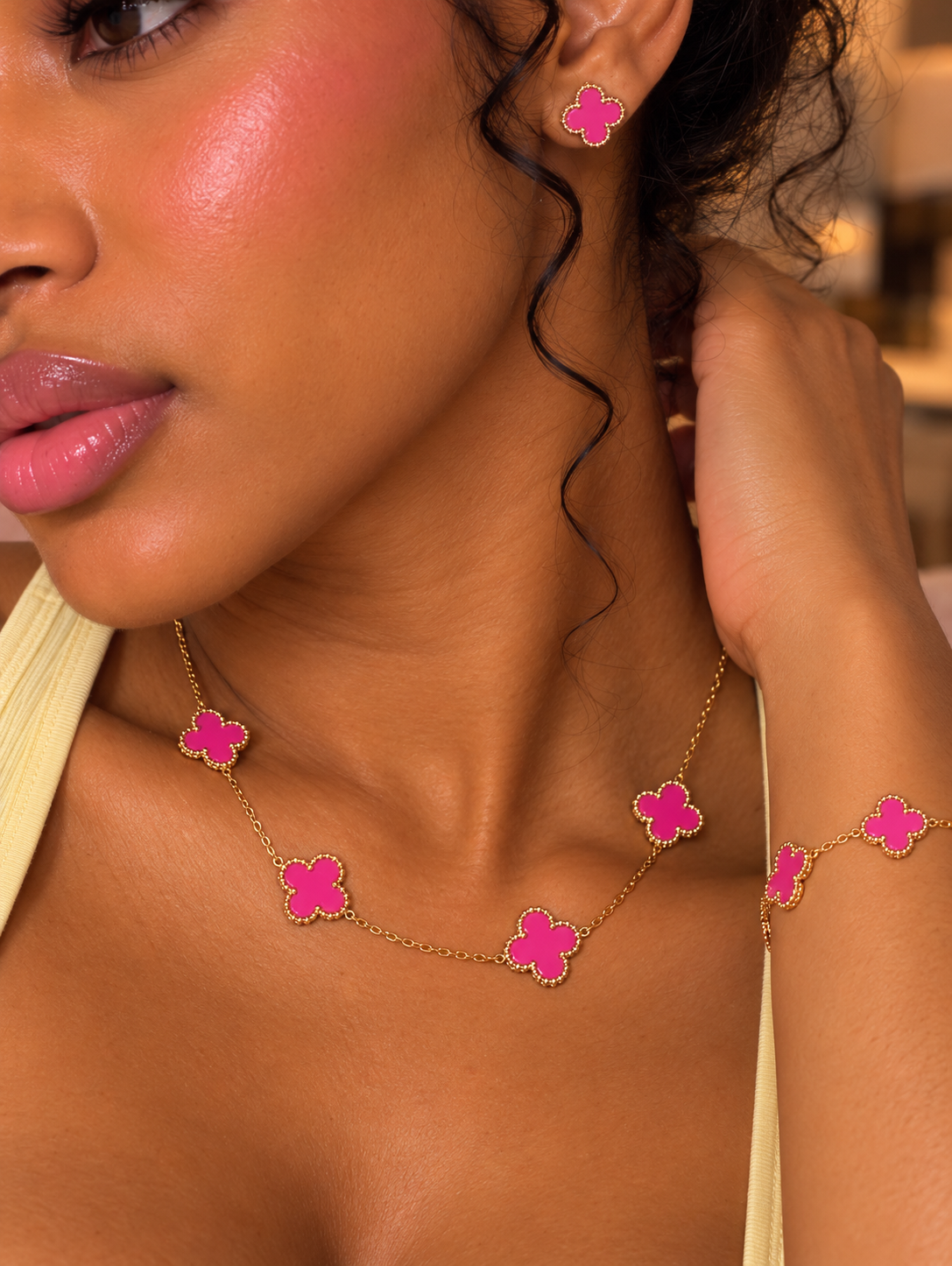 Pink clover jewelry set stainless steel