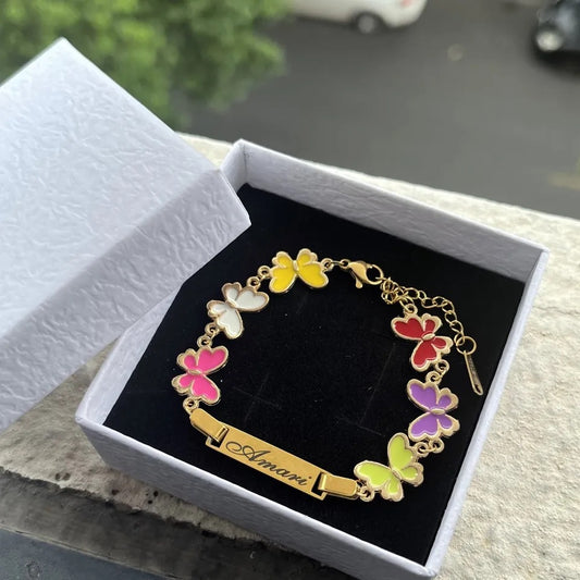 Colorful butterfly name plate bracelet