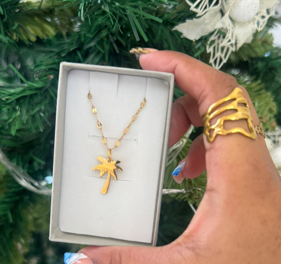 Golden stainless steel palm tree necklace