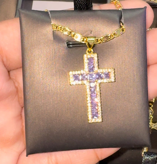 Gold plated cz purple cross necklace
