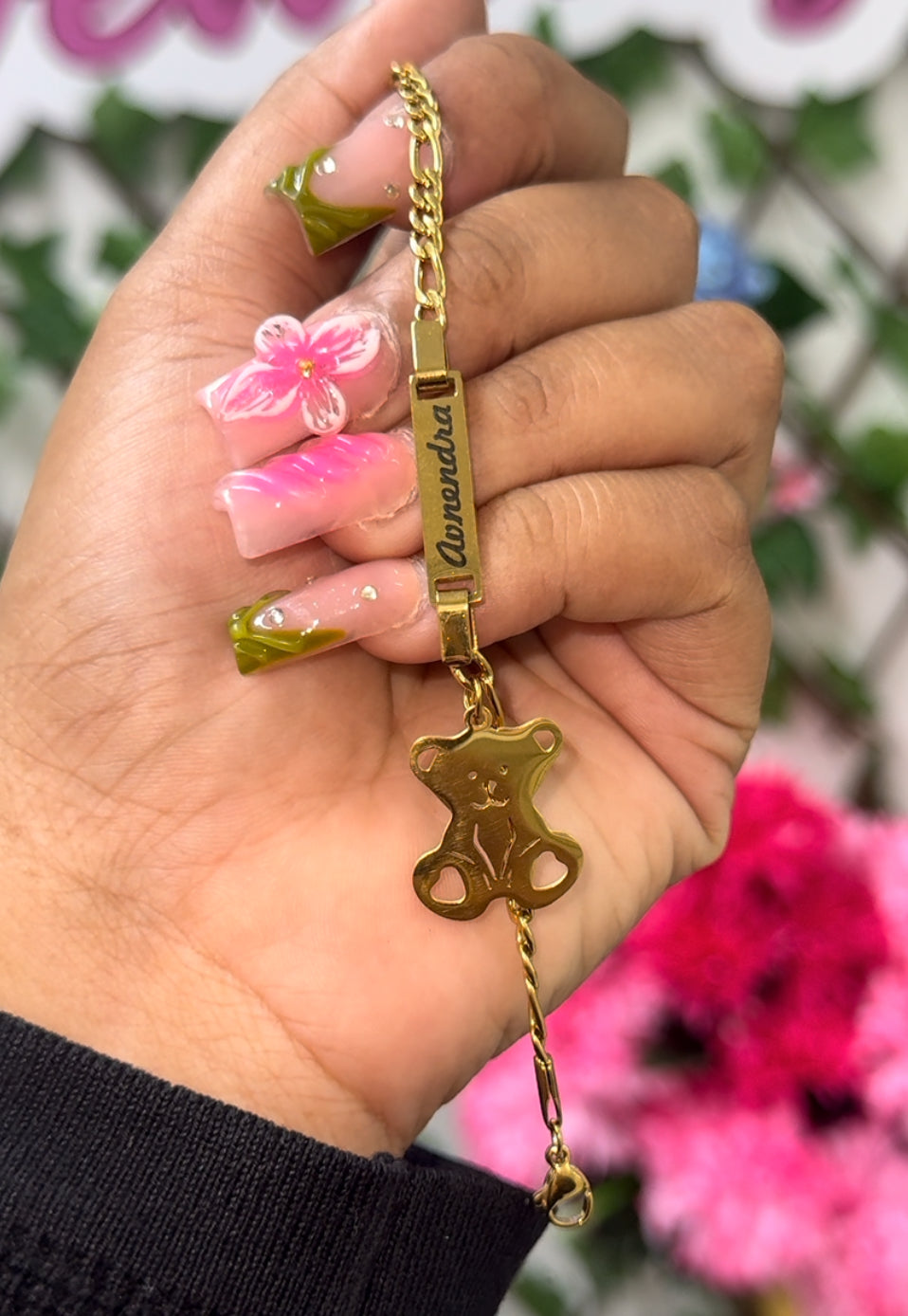 Kids teddy bear engraved name plate bracelet