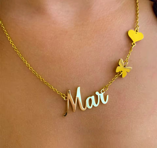 Stainless steel butterfly and heart name chain