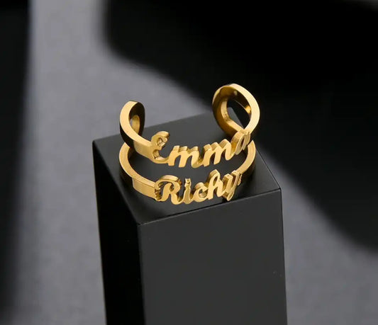 Gold plated stainless steel double name ring adjustable