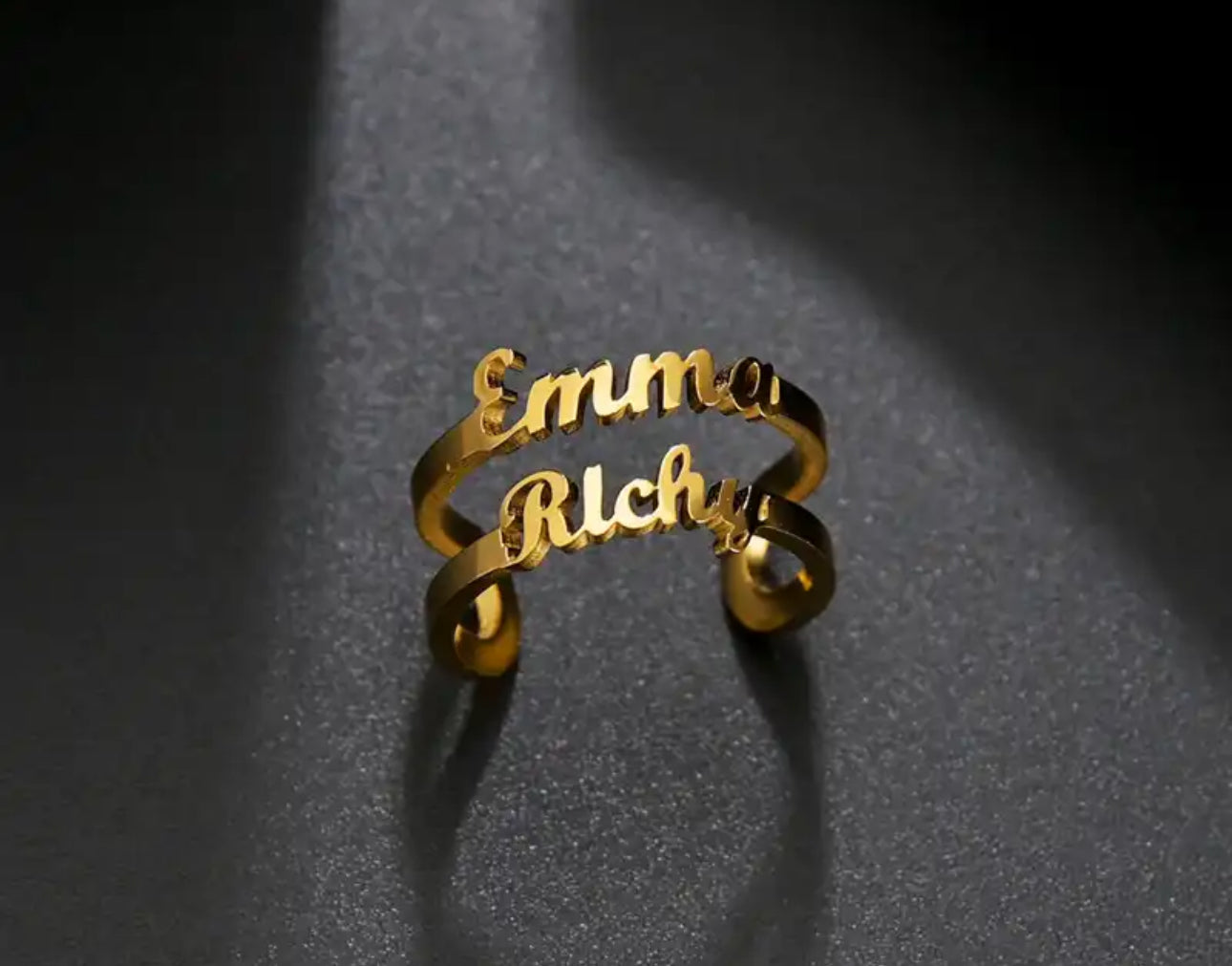 Gold plated stainless steel double name ring adjustable