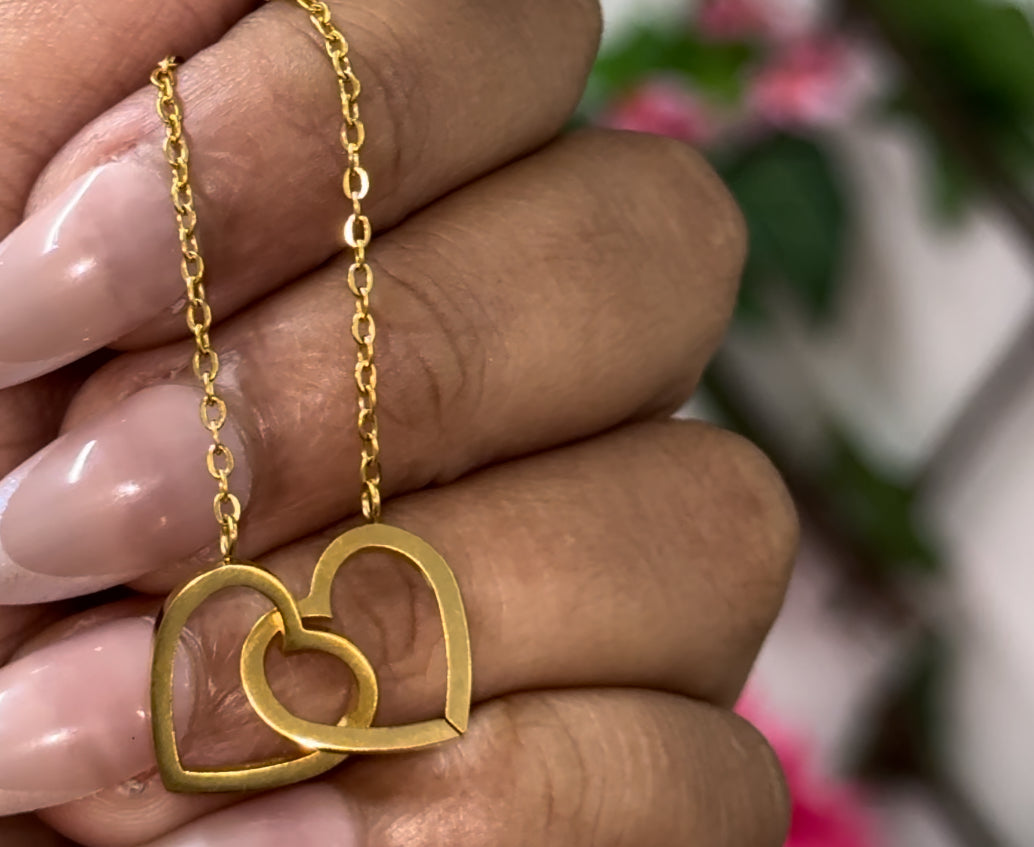 Gold plated stainless steel double heart necklace