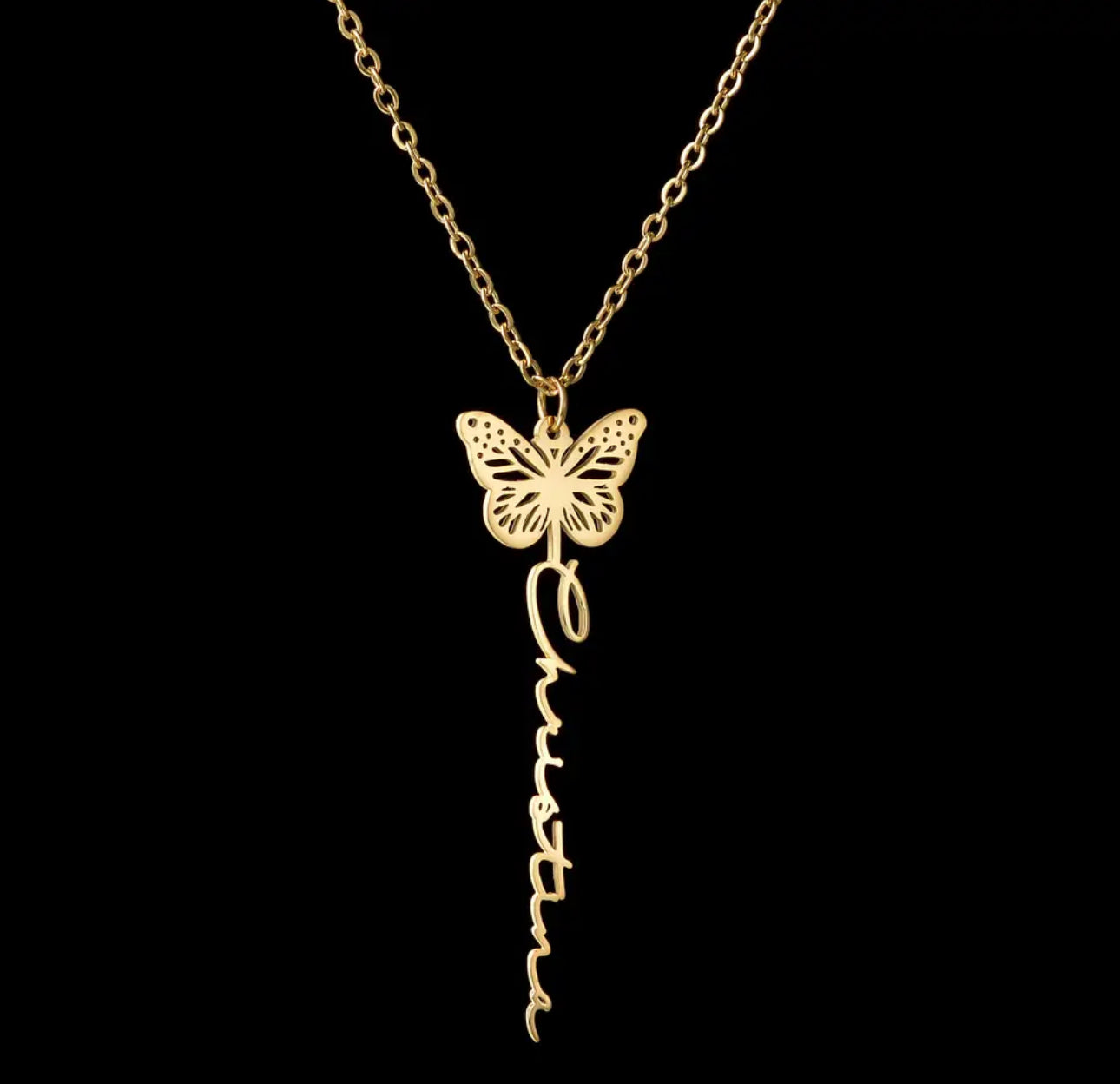 Gold plated stainless steel Butterfly name necklace