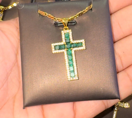 Gold plated cz green cross necklace