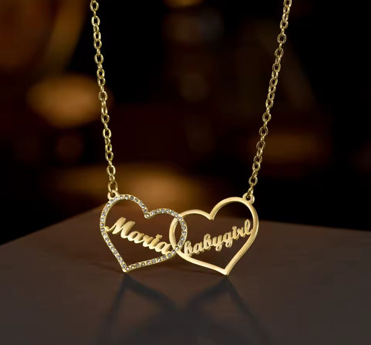 Double heart stainless steel custom name necklace