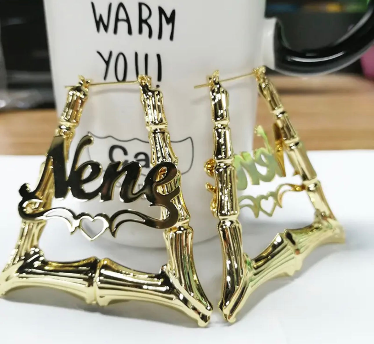 Gold plated stainless steel name hoop earrings