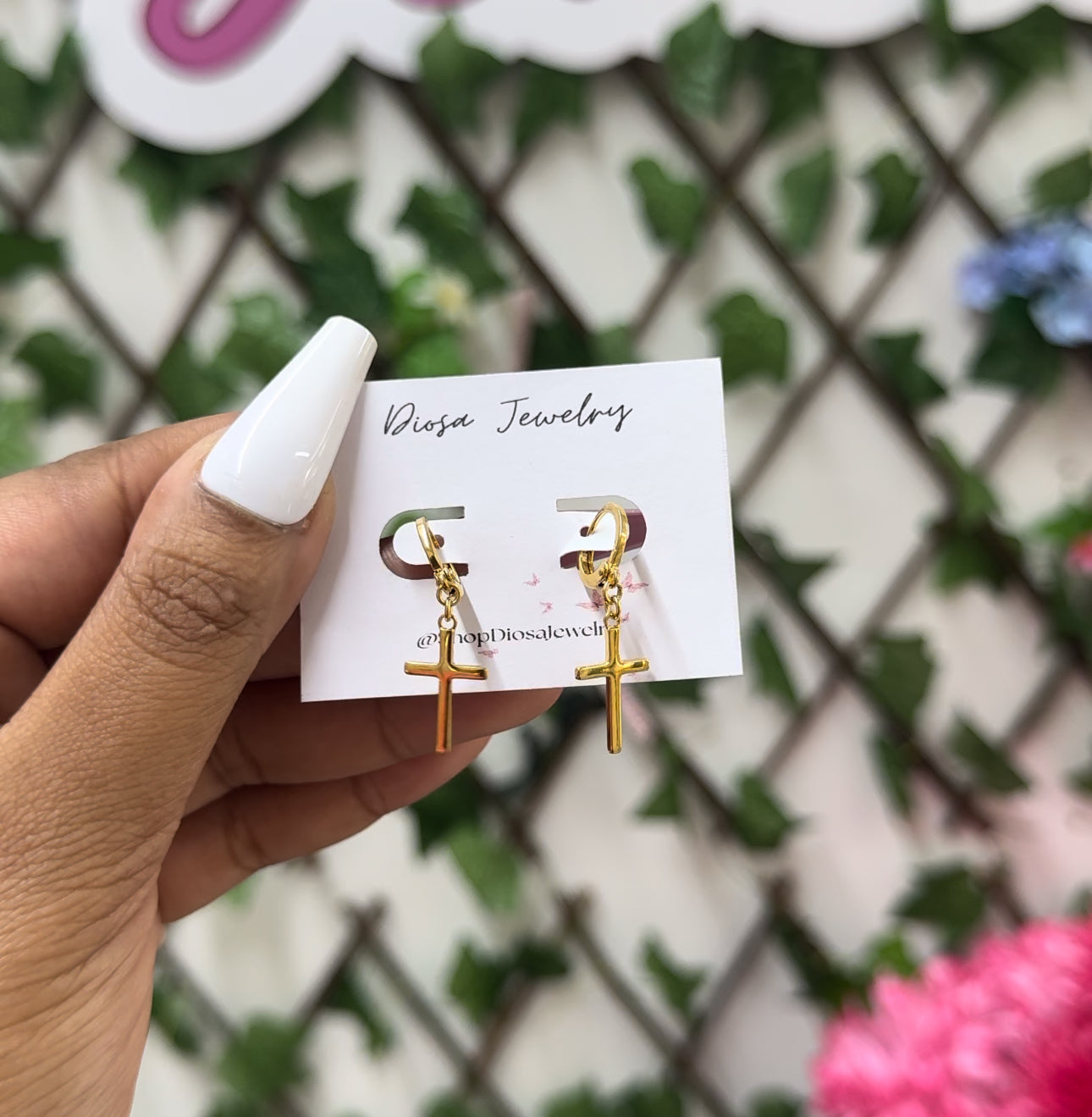 Gold plated cross huggie earrings