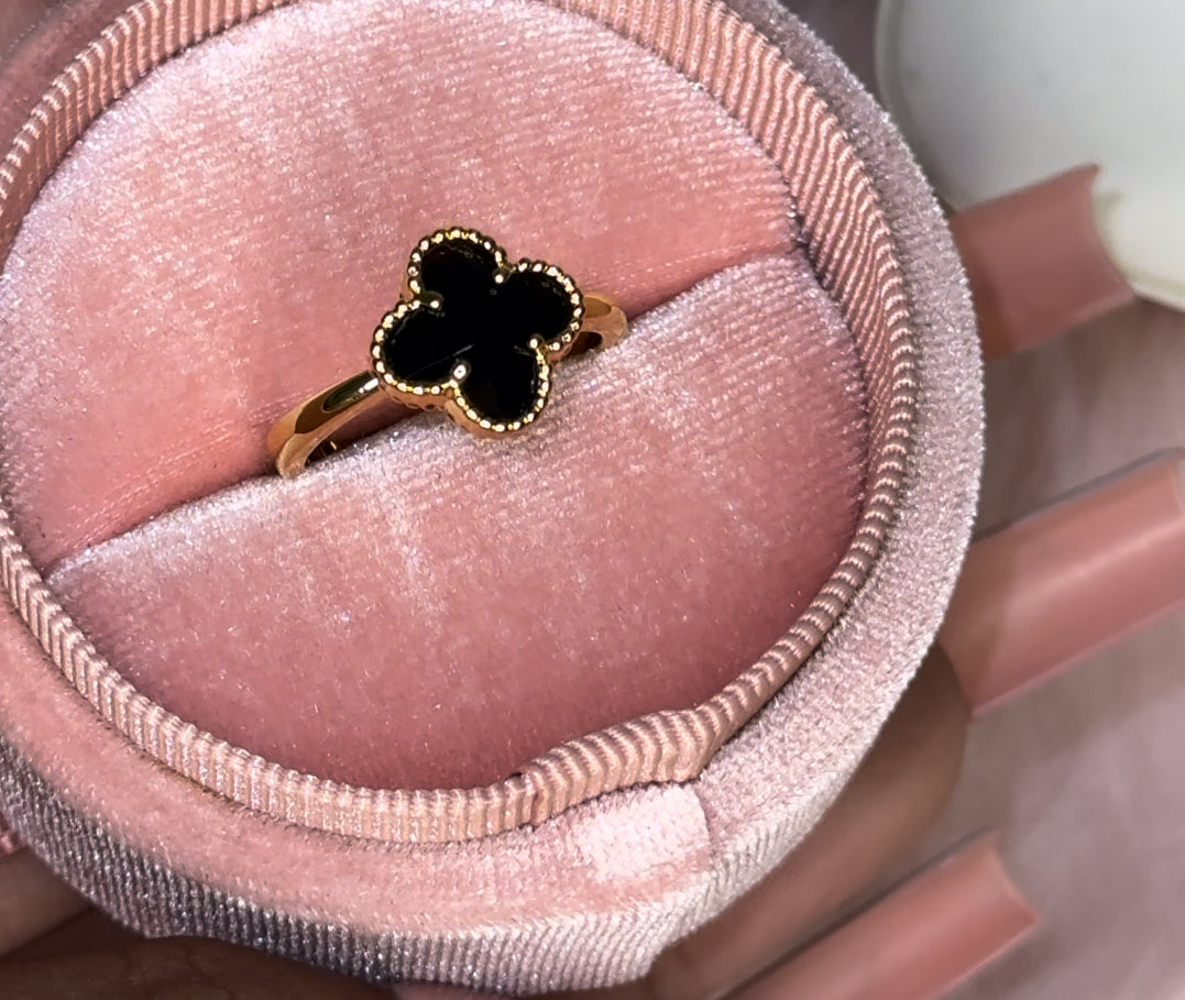 Gold plated adjustable black and gold clover ring