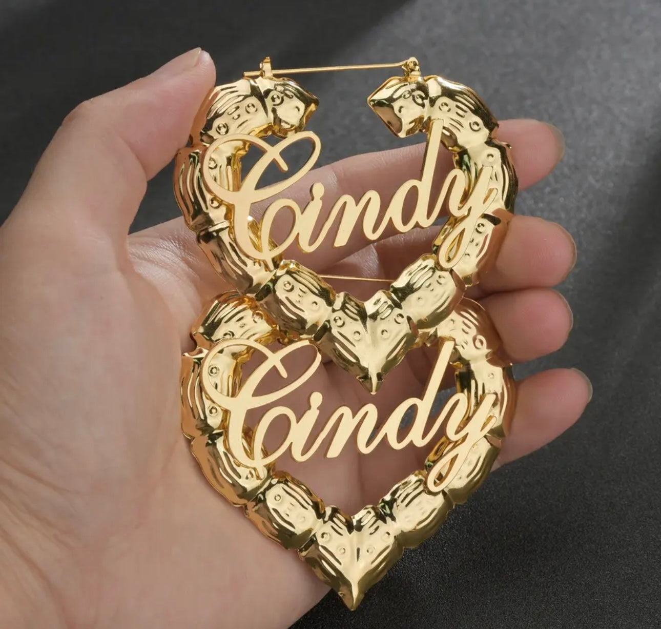 Gold plated stainless steel name hoop earrings