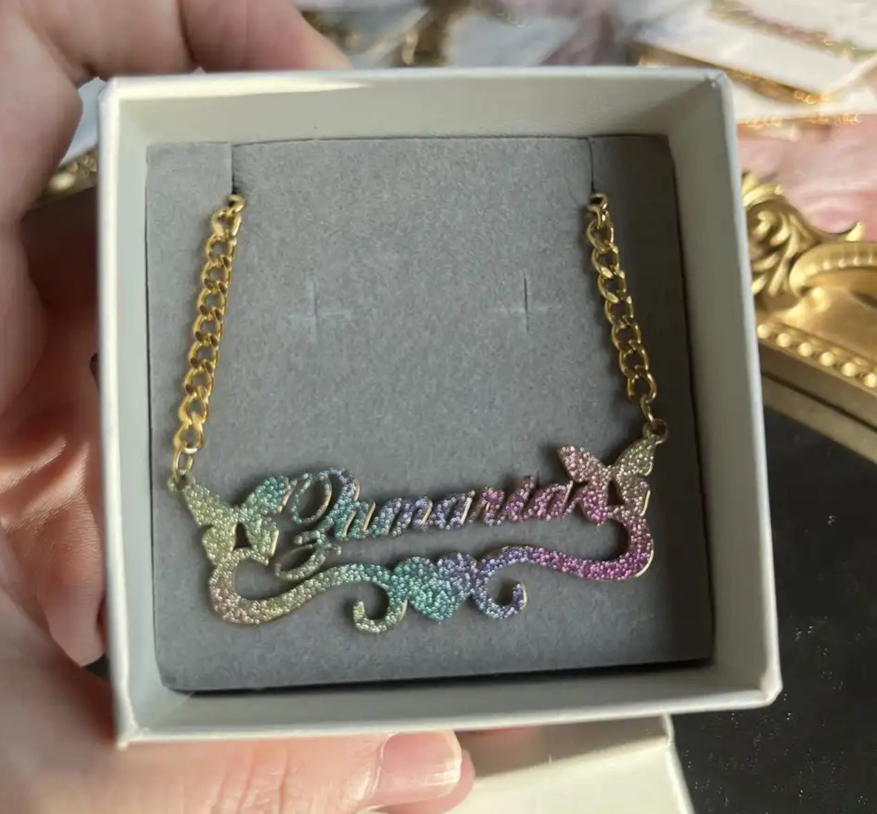 Colorful Glitter name plate necklace stainless steel