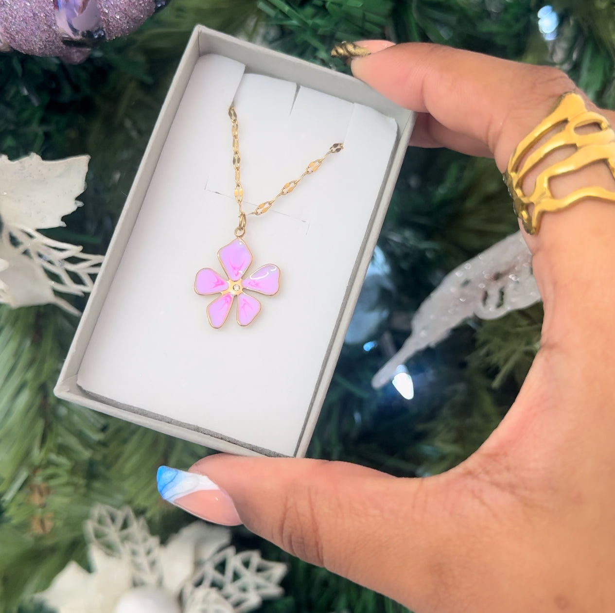 Golden stainless steel purple flower necklace