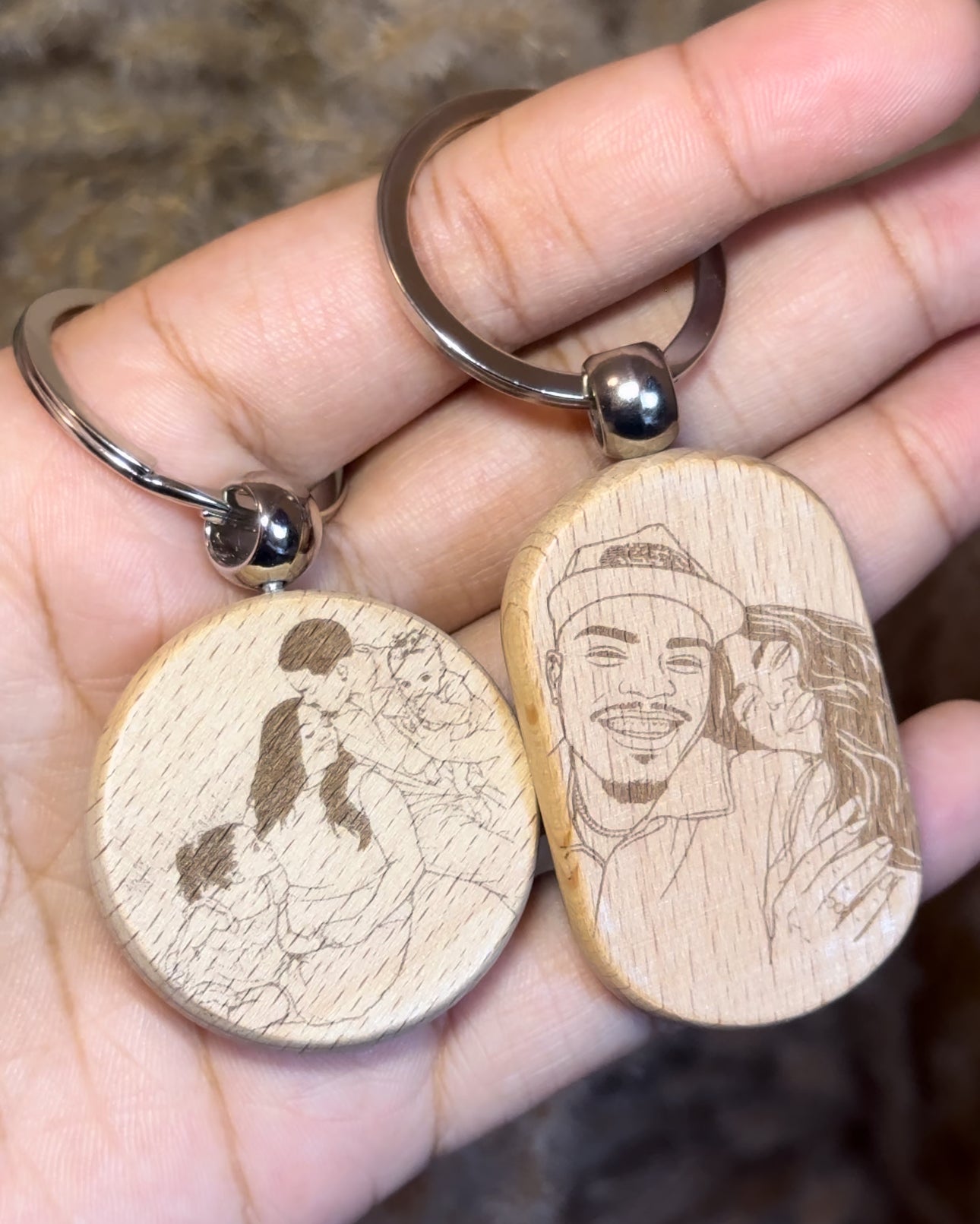 Custom engraved wooden keychain with picture + words