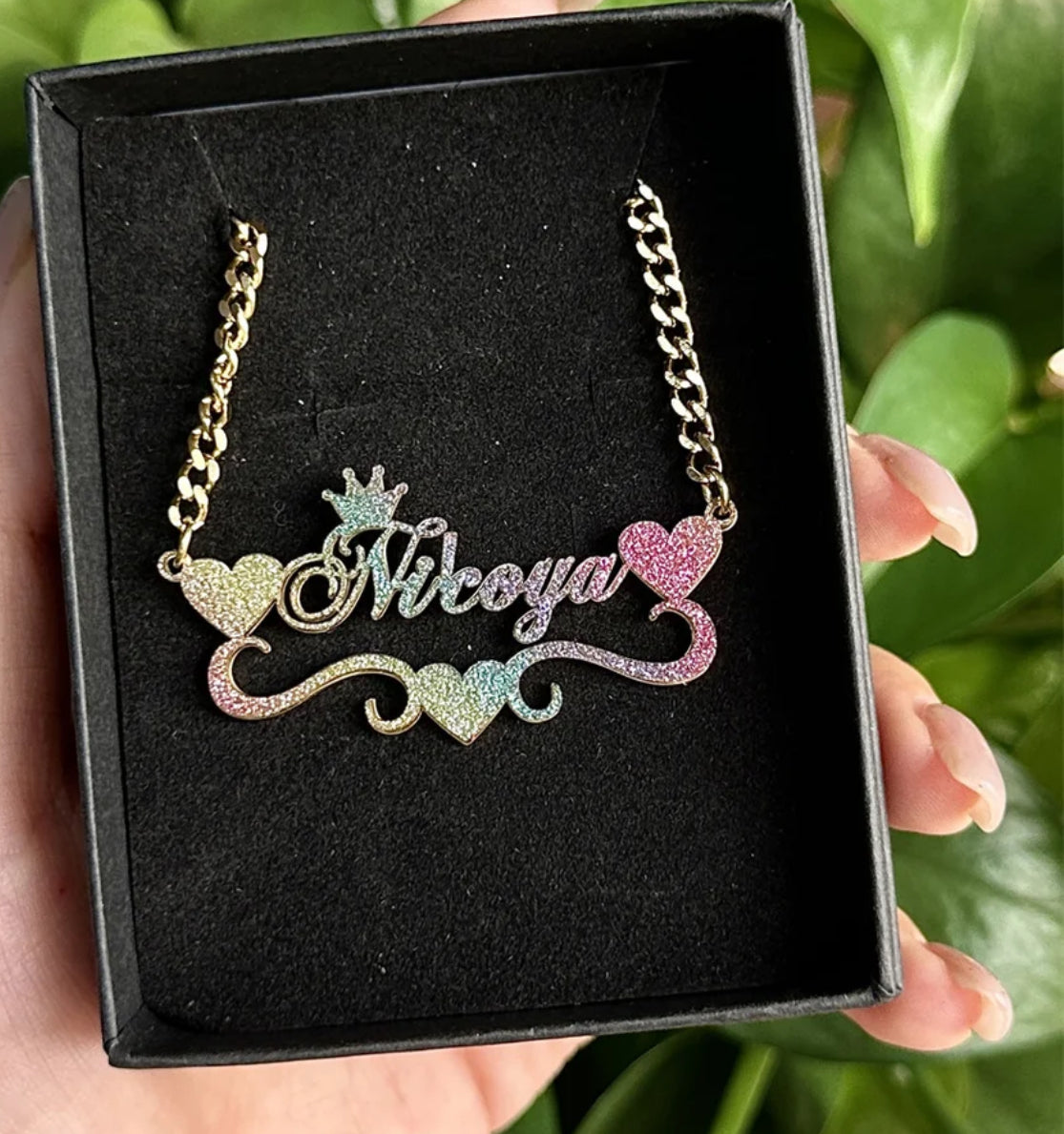 Colorful Glitter name plate necklace stainless steel