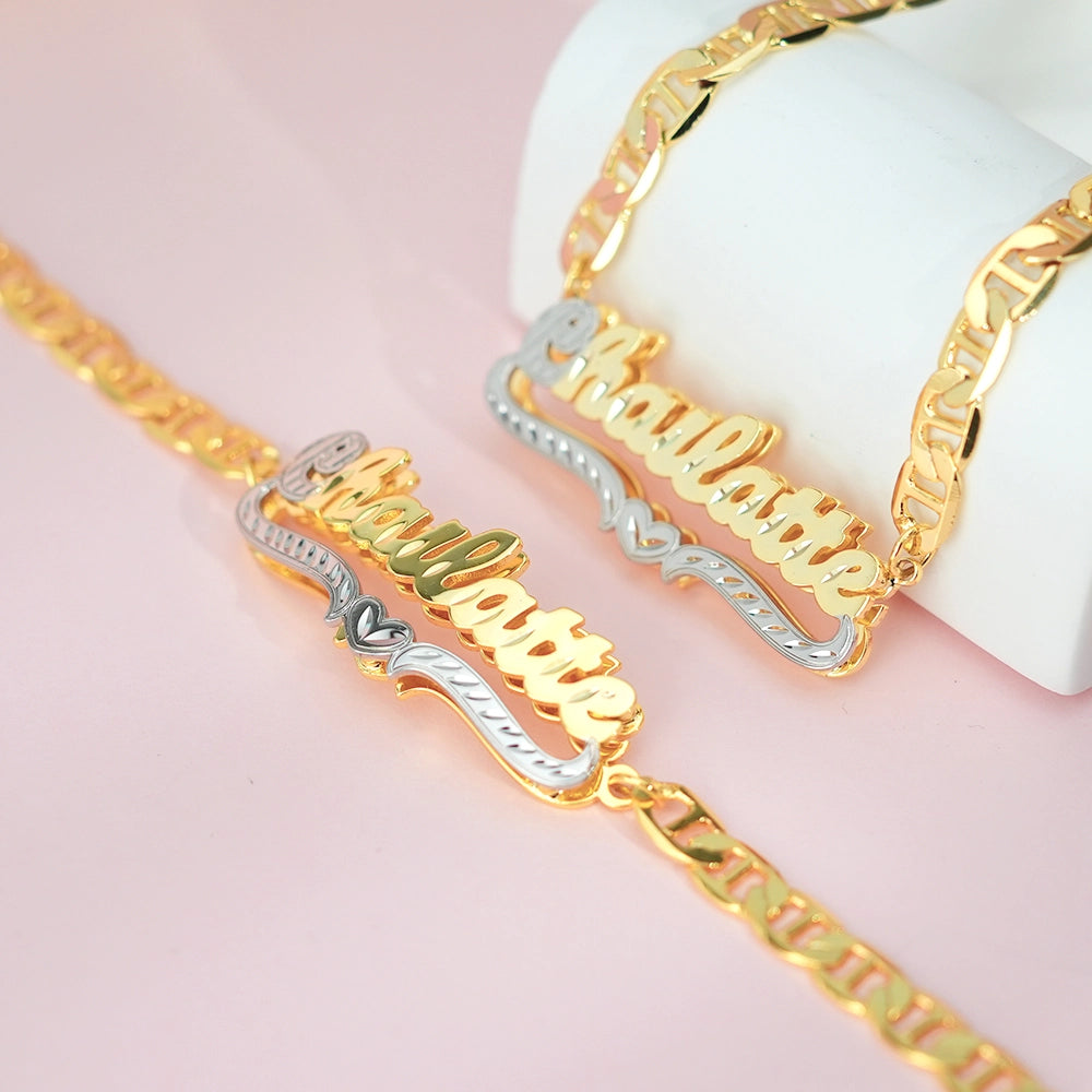 Double tone Gucci link 3d Stainless steel custom set name chain and bracelet