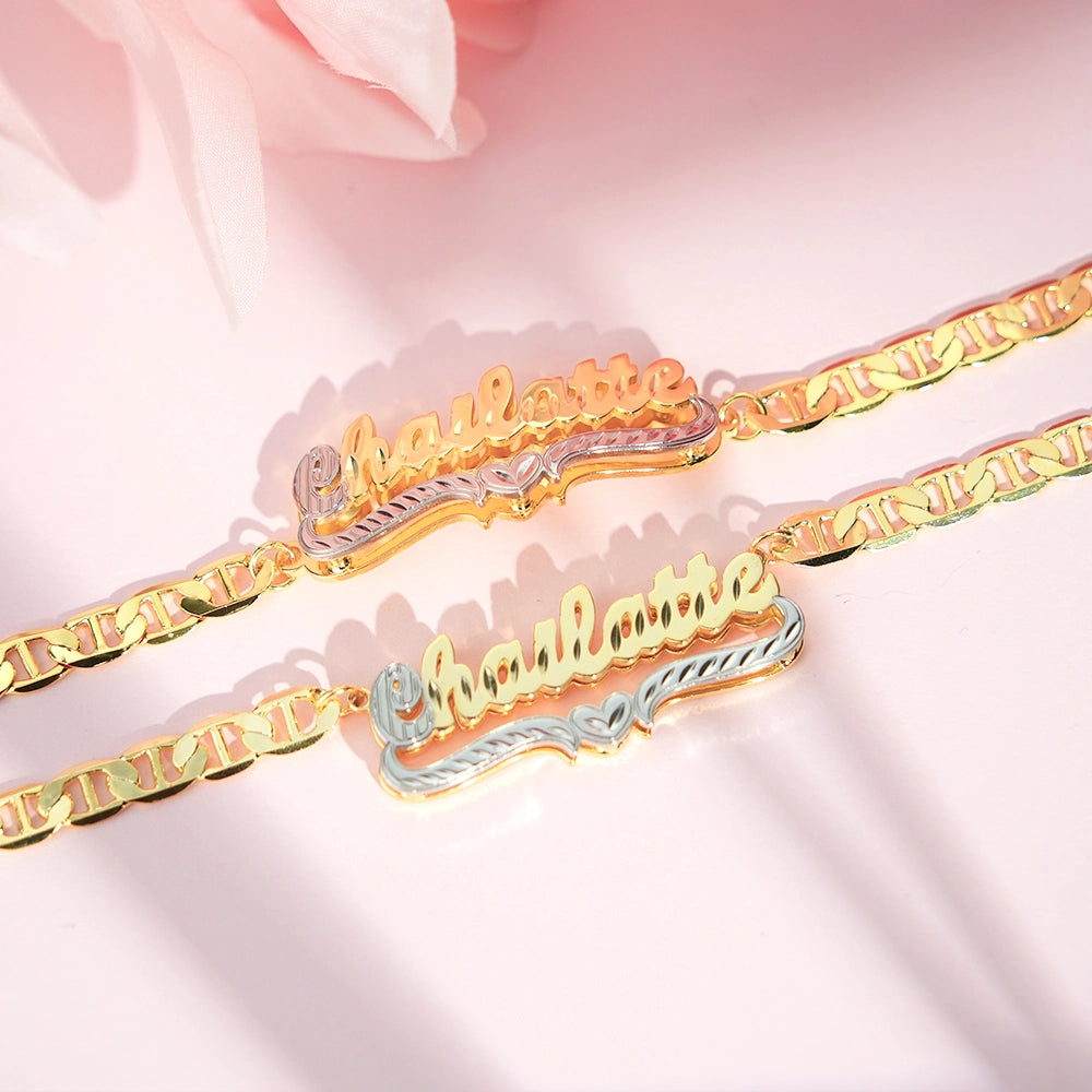 Double tone Gucci link 3d Stainless steel custom set name chain and bracelet